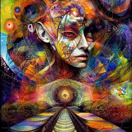 Image similar to visionary art of a transcendental voyage by android jones, collage artwork by dave mckean and yoshitaka amano