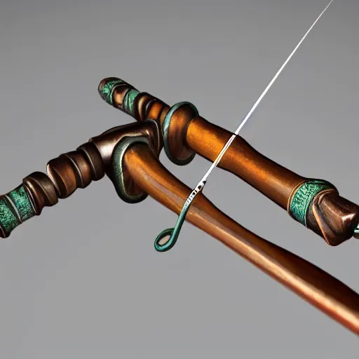 Image similar to fishing rod from a fantasy video game, white background, museum presentation