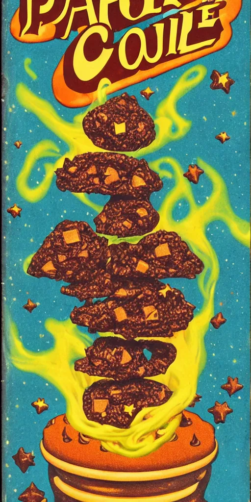 Image similar to pulp cover of a magical chocolate chunks cookie, wizard, fantasy, tetrahydrocannabinol, thc, hallucination, colored smoke, sparkles, sativa, indica, illustration, 5 0 s, risography,