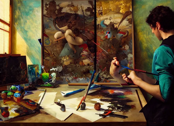 Image similar to a young painter in his studio painting a picture of a colourful pokemon, by edgar maxence and caravaggio and michael whelan and delacroix style, artistic, intricate drawing, cinematic lighting, hyper realistic, extremely detailed, establishing shot, 8 k resolution, dramatic lighting