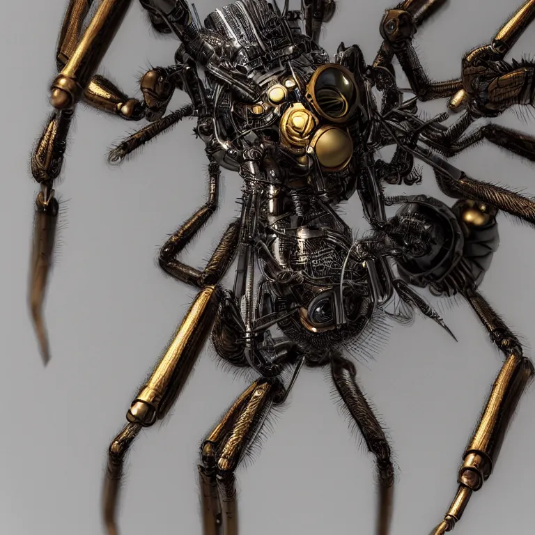 Image similar to a close up of an beautiful steampunk robotic spider inspired, unreal engine realistic render, high detailed face, photorealism, golden ratio, hyper - realistic 3 d, insanely super detailed, realistic octane render, 1 6 k, fashion photography, micro detail, backlit lighting, face in focus, subsurface scattering, thin porcelain