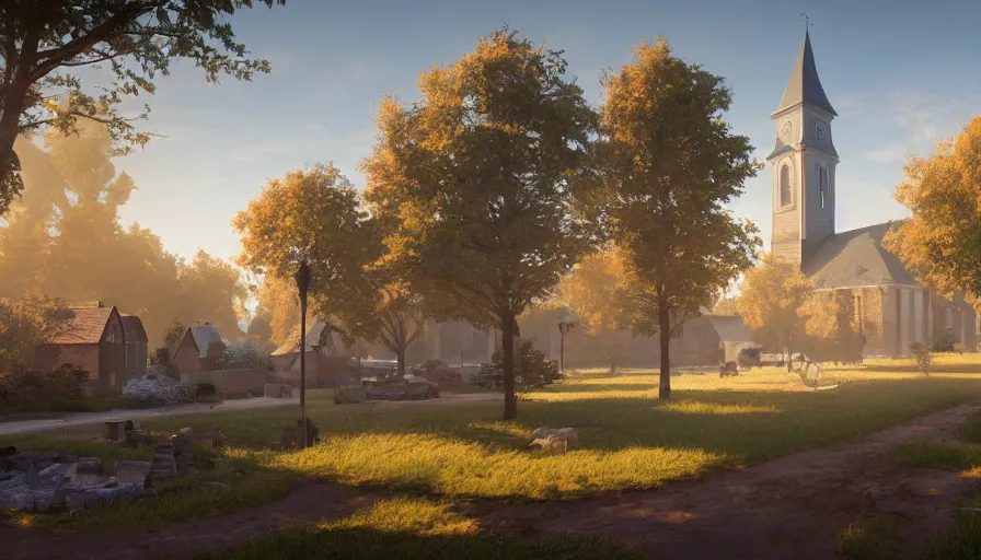 Image similar to midwest town with church, square, trees, sunny day, volumetric light, hyperdetailed, artstation, cgsociety, 8 k