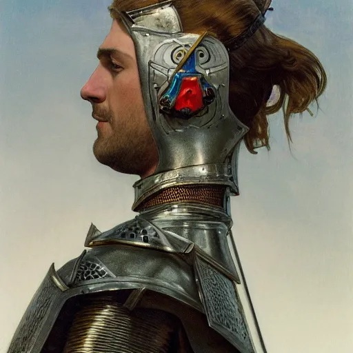 Prompt: side portrait of a medieval knight in armour, headshot, hyper realistic, pale skin, 4k, rule of thirds, extreme detail, detailed drawing, trending artstation, hd, fantasy, D&D, realistic lighting, by Alphonse Mucha, Greg Rutkowski, sharp focus, backlit, elegant