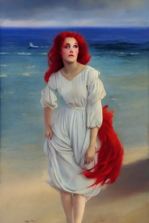 Prompt: a red haired young girl beach surreal, sunrise, dramatic light, vittorio matteo corcos