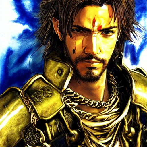 Image similar to portrait of a white and hispanic hero holding his sword in front of his face by yoji shinkawa, high quality, extra details, realism, ornate, colored, golden chain, blood