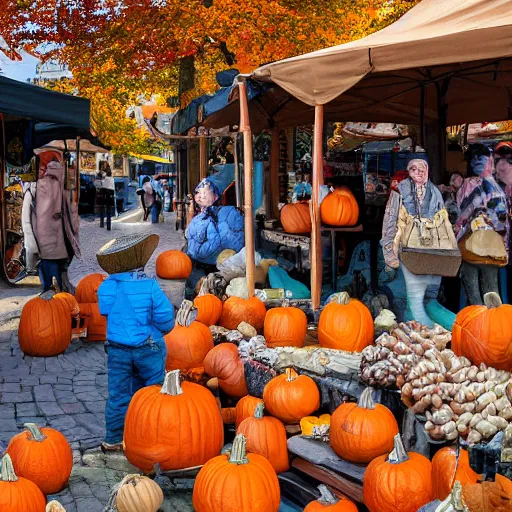 Prompt: pumpkin headed people selling goods at a market in a vermont town square, fall foliage, cobblestone streets, new england colonial buildings, intricate details, sharp focus, digital art, hyper realistic, 4 k, unreal engine, highly detailed, hd, dramatic lighting by brom, based on over the garden wall pottsfield, trending on artstation