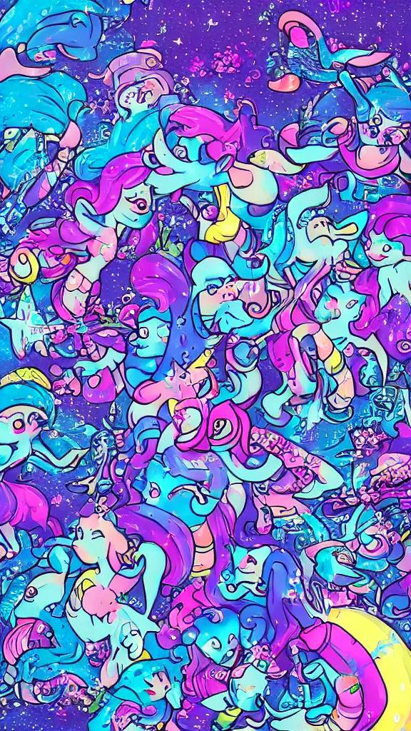 Image similar to y 2 k dolphins, trolls and sparkles, seapunk