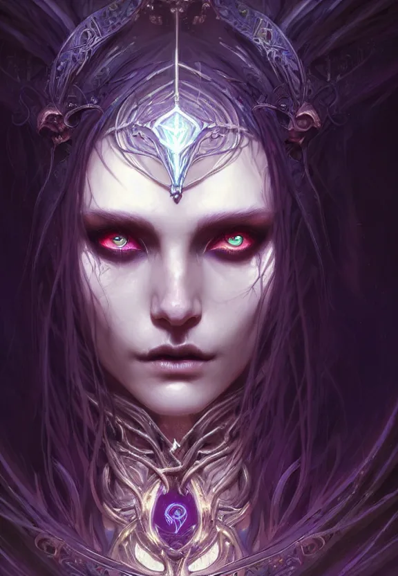 Image similar to Necromancer Sorceress face close-up macro in center, fantasy magic, undercut hairstyle, dark light night, intricate, elegant, sharp focus, illustration, highly detailed, digital painting, concept art, matte, art by WLOP and Artgerm and Greg Rutkowski and Alphonse Mucha, masterpiece