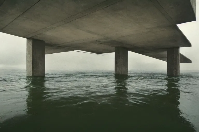 Image similar to an brutalist structure forming from the water, rainy day, beautiful lighting, high depth, ultra realistic, artistic, by annie leibovitz