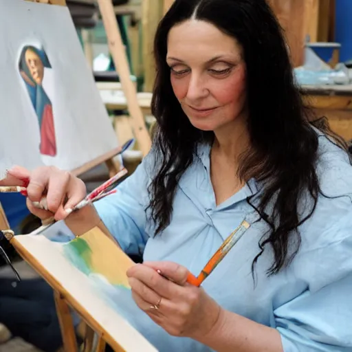 Image similar to A woman that looks like Mona Lisa is painting a portrait of Lenoardo da Vinci in a workshop