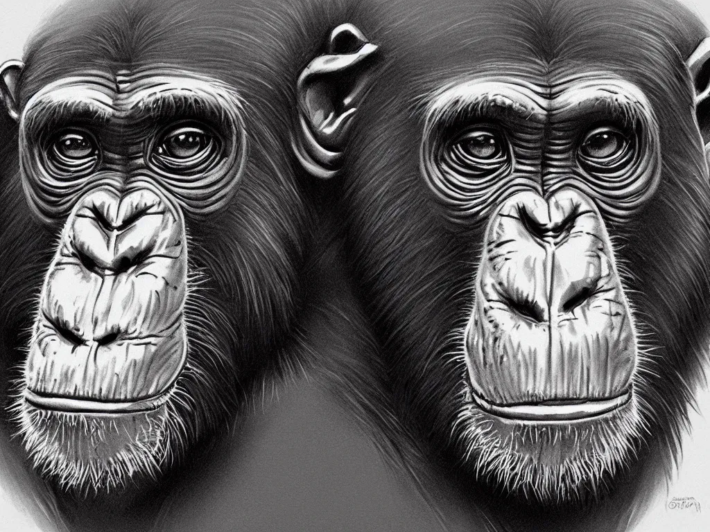 Image similar to Zoological illustration sketch of a chimpanzee with intricate ornate details and embellishments, high detail, hyperrealistic, concept art, artstation, 8k