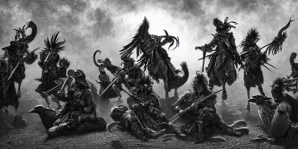 Image similar to a gang of emu banditos, d & d, fantasy, intricate, artstation, sharp focus, digital art, gustave dore, caravaggio,