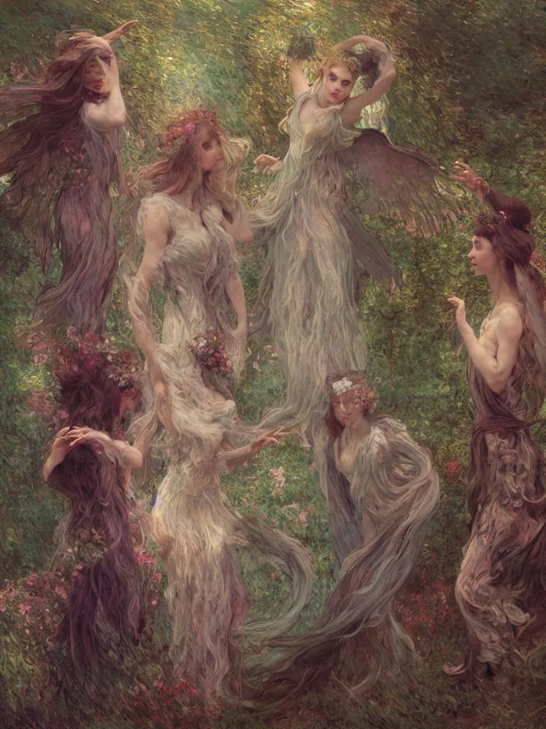 Image similar to illustration studio portrait of three dark beautiful seraphim female energy dancing in artistic poses in a witch's coven at the forest, a big firepit emerges, monet painterly motives and textures pattern, hyper detailed, octane render, vivid colors, artstation, by jeremy mann, by alphonse mucha, by monet