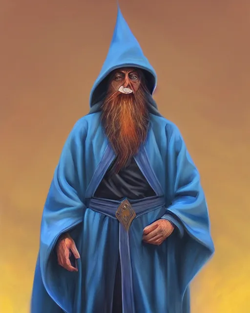 Image similar to Hyper realistic painting of a wizard in a blue robe, by Anato Finnstark, detailed, beautiful, trending on artstation