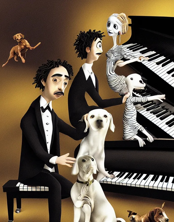 Image similar to a white person and a black person near the piano keyboard with two dogs by tim burton