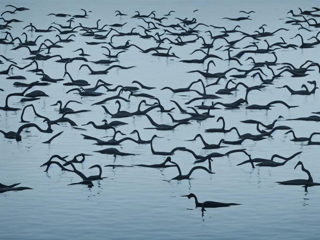 Image similar to black swans chilling in a lake that surrounded by forest, lake is light blue and sky is cloudy, by collaboration of M. C. Escher and Salvador Dali