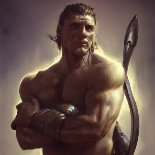 Image similar to handsome portrait of a spartan guy bodybuilder posing, radiant light, caustics, war hero, full metal alchemist, by gaston bussiere, bayard wu, greg rutkowski, giger, maxim verehin