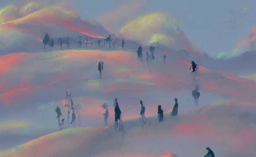 Image similar to it feels like something to be anything. Landscape with people. Rough strokes. Interesting colour scheme, muted colour. Detailed. Beautiful digital art by artist Lurid. (2022)