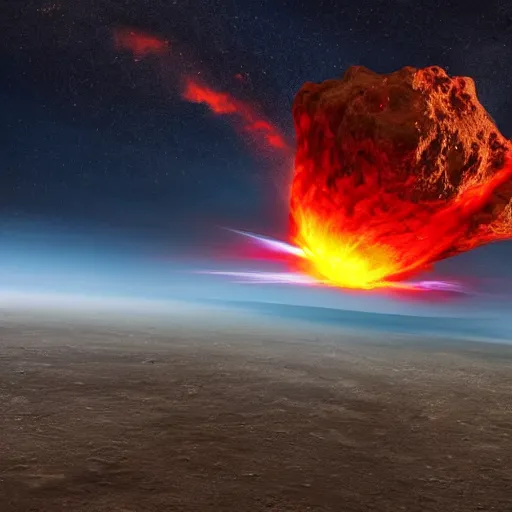 Prompt: Gigantic red-hot meteorite crashes into living planet, fantastic landscape, fantasy, hyperrealism, no blur, 4k resolution, ultra detailed-i