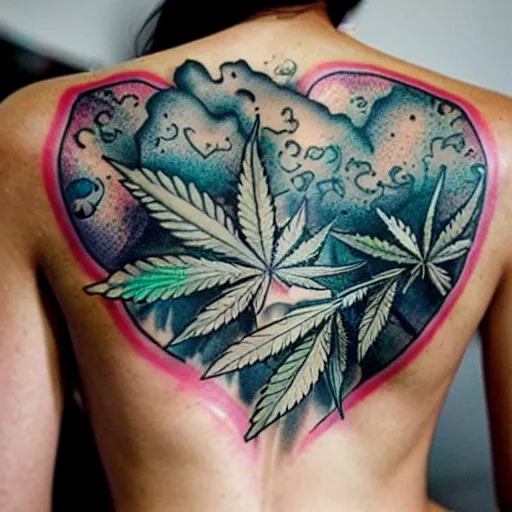 Image similar to back tattoo, tattoo photography, Marijuana, marijuana leaves, mushrooms, magic mushrooms, marijuana buds
