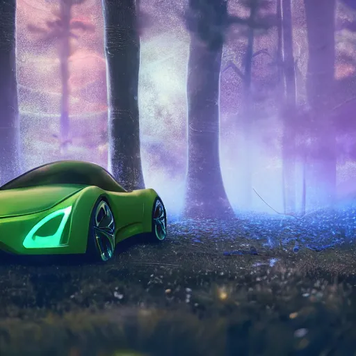 Image similar to a fancy alien sports car abandoned on magical biome of oddities, hyper realistic, luminescent, enchanted plants, magical trees, cinematic shot, intricate, ornate, photorealistic, ultra detailed, realistic, 1 0 0 mm, photography, octane, high definition, depth of field, bokeh, 8 k, behance, artstation