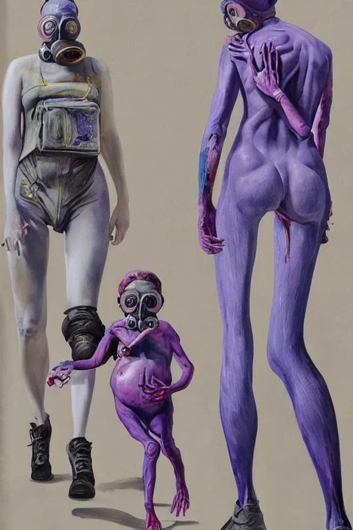 Image similar to a surreal frances bacon and james jean painting of two skinny fleshy figures, with extra limbs wearing ornate gas masks and clothed in purple and blue, walking down a city street, full view, concept art, horror art, extremely high details, hyper realistic high quality