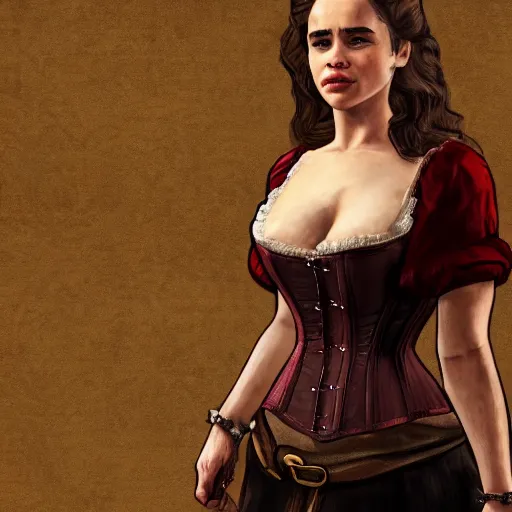 Prompt: Detailed artistic portrait of Emilia Clarke in a Old Western Corset in Red Dead Redemption video game, 4k detailed artstation digital art