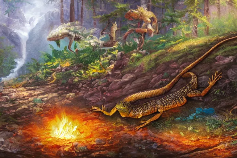 Prompt: highly detailed oil painting of a crytal lizard sitting in a steaming colorful hotspring with woodland forest backdrop, featured on artstation