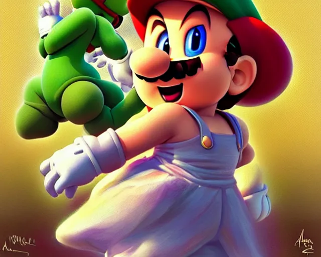 Prompt: Super Mario in yoshi island , elegant, art by Artgerm and Greg Rutkowski and Alphonse Mucha