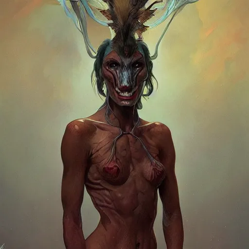 Image similar to portrait of native weird distorted body Skinwalker, highly detailed, digital painting, artstation, concept art, smooth, sharp focus, illustration, art by artgerm and greg rutkowski and alphonse mucha