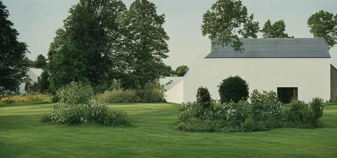 Image similar to farmhouse designed by santiago calatrava. landscape design by capability brown. fujinon premista 1 9 - 4 5 mm t 2. 9. portra 8 0 0.