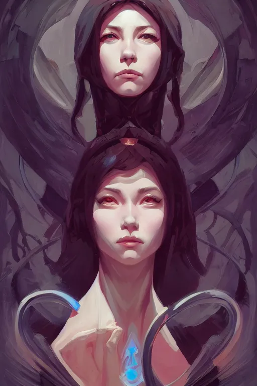 Image similar to portrait of lilith, perfectly symmetrical, tooth wu, dan mumford, beeple, wlop, rossdraws, james jean, marc simonetti, artstation giuseppe dangelico pino and michael garmash and rob rey and greg manchess and huang guangjian and makoto shinkai