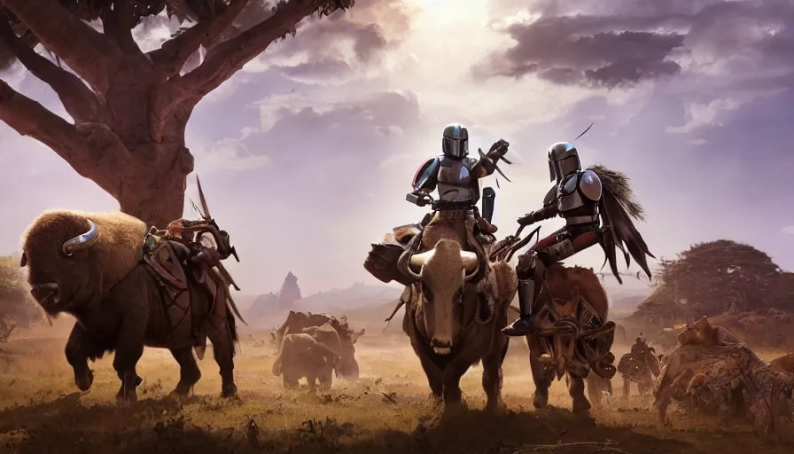 Image similar to mandalorian riding a buffalo through madagascar with baobabs trees, animals chasing, action scene, an epic fantasy, artgerm and greg rutkowski and alphonse mucha, an epic fantasy, volumetric light, detailed, establishing shot, cinematic, photorealistic, hyper detailed, ultra realistic, trending on art station, octane render, midsommar