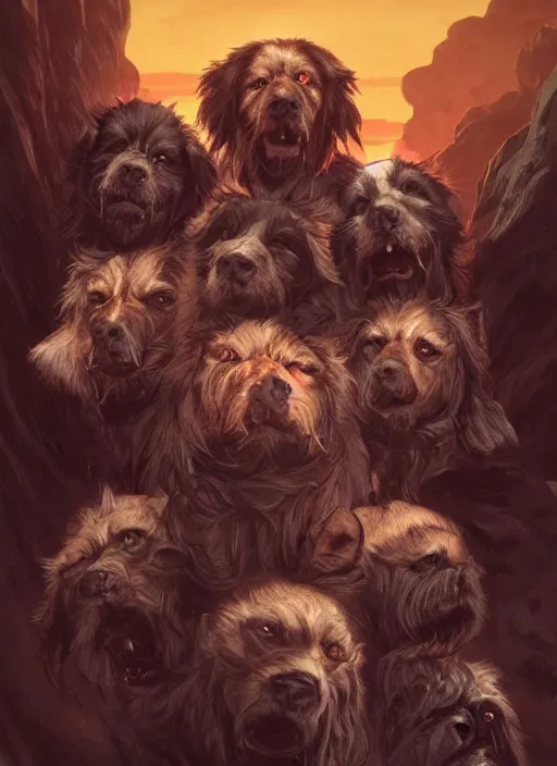 Prompt: cerberus three headed dog of the underworld, snarling hairy beast, sinister portrait, highly detailed, digital painting, artstation, concept art, matte, sharp focus, illustration, dramatic, cinematic sunset, hearthstone, art by artgerm and greg rutkowski and alphonse mucha