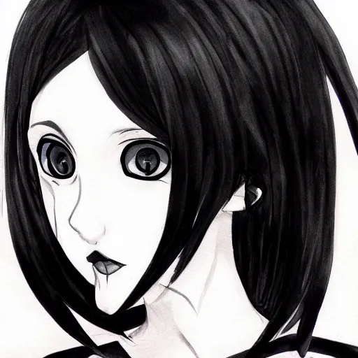 Image similar to headshot art of a goth anime woman, attractive, symmetrical face, trending on artstation, black and white watercolor