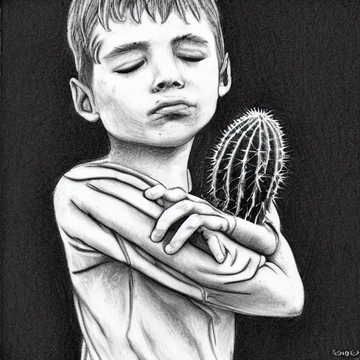 Image similar to sentimental boy hugging a cactus, pencil sketch, black and white