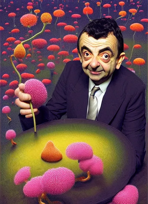 Prompt: hyper detailed 3d render like a Oil painting - silly portrait of Rowan Atkinson as Mr. Bean in Aurora seen Eating of the Strangling network of yellowcake aerochrome and milky Fruit and Her delicate Hands hold of gossamer polyp blossoms bring iridescent fungal flowers whose spores black the foolish stars by Jacek Yerka, Mariusz Lewandowski, Houdini algorithmic generative render, Abstract brush strokes, Masterpiece, Edward Hopper and James Gilleard, Zdzislaw Beksinski, Nicoletta Ceccoli, Wolfgang Lettl, hints of Yayoi Kasuma, octane render, 8k