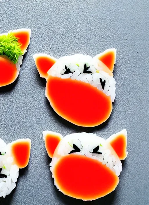 Image similar to clear surrealist painting of adorable cats made from sushi rice, sitting on sushi plates with garnish