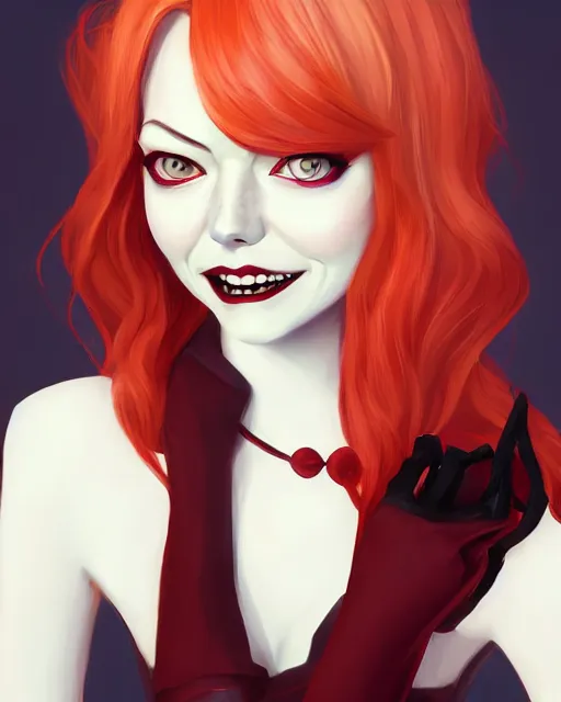 Image similar to a portrait of a beautiful full body Emma Stone vampire sharp teeth blood, art by lois van baarle and loish and ross tran and rossdraws and sam yang and samdoesarts and artgerm, digital art, highly detailed, intricate, sharp focus, Trending on Artstation HQ, deviantart, unreal engine 5, 4K UHD image