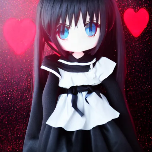 Prompt: cute fumo plush of a pure vantablack girl with a white glowing heart, lens flare, gothic regal, vray