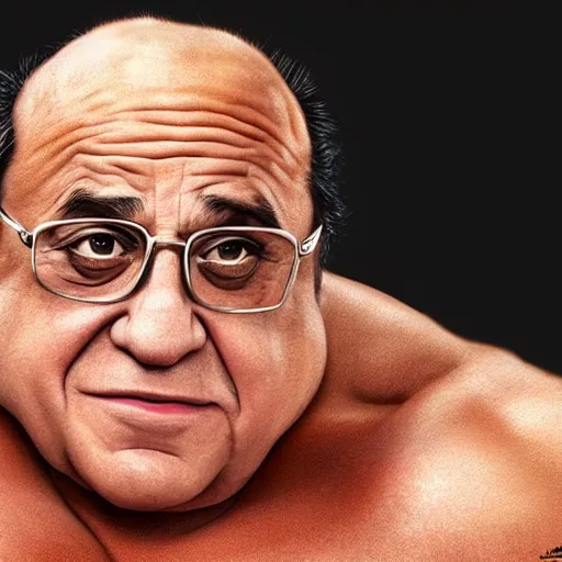 Image similar to danny devito with the physique of a body builder, hyper realistic and ultra detailed face, cinematic, dynamic lighting, photorealistic, refined, intricate, digital art, digital painting, masterpiece, 8k