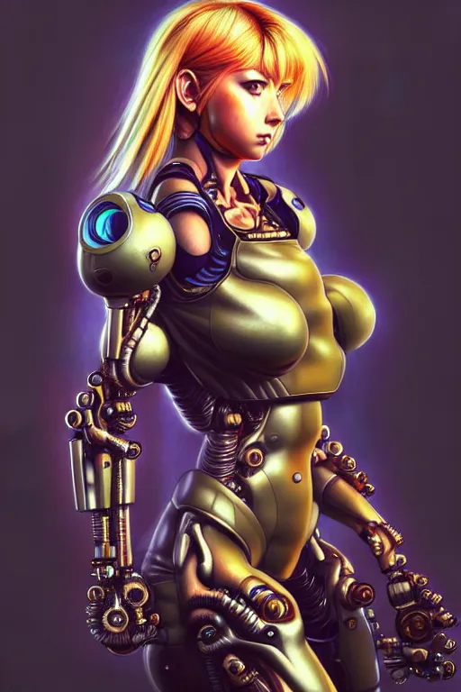 Image similar to wow! 3 / 4 stunning fan art portrait of samus aran, kowloon cyberpunk cityscape, biomechanical, oppai, acid rain, dark science fiction, by artgerm and clay mann and sorayama and alphonse mucha, very realistic, hyperdetailed, trending on artstation, octane render