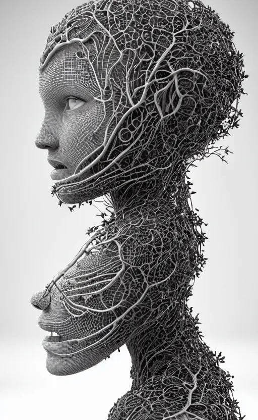 Prompt: black and white complex 3d render of a beautiful profile woman face, vegetal dragon cyborg, 150 mm, beautiful natural soft light, moon rays, silver details, magnolia stems, roots, fine lace, maze like, mandelbot fractal, silver metallic armour, anatomical, facial muscles, cable wires, microchip, elegant, highly detailed, rim light, octane render, H.R. Giger style