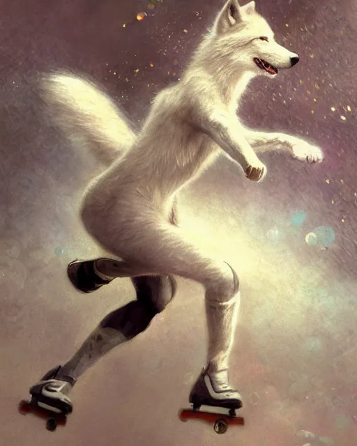 Image similar to an athletic white female anthro wolf skating at a roller derby, 4 k, furaffinity, fursona, trending on artstation, energetic, speed, motion blur, by gaston bussiere, craig mullins, sakimichan, gustav klimt, artgerm, greg rutkowski, alphonse mucha