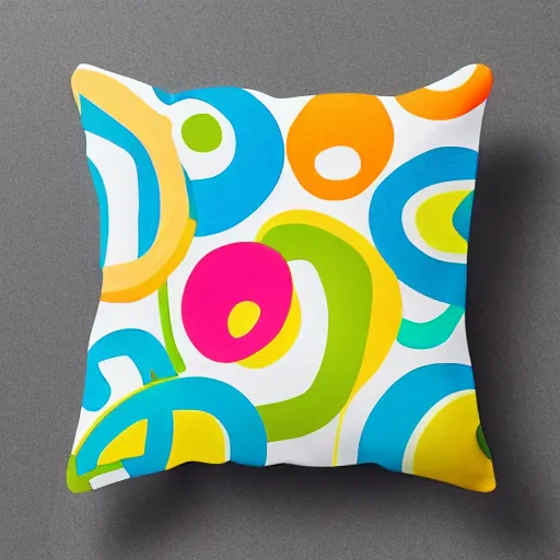 Image similar to Photograph of comfortable memory foam pillows designed by children, fun design, bright print, 8K HD, product shot