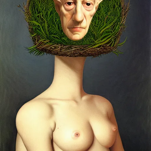 Image similar to portrait face head eyes man fungal ears Mushroom Sorcerer the Hank Hill camouflaged as a breadbasket wearing a black shirt mark ryden greg rutkowski andrew wyeth giorgio de chirico