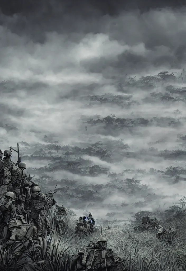 Image similar to handmade illustration of an epic and dramatic World War II war scene with only a few soldiers, the jungle at the background, some mist grey smoke and fire, blue sky with dramatic clouds, line art, ink, ol on canvas by Kilian Eng and by Jake Parker, heavy brushstrokes, winning-award masterpiece, fantastic, octane render, 8K HD Resolution, High quality image