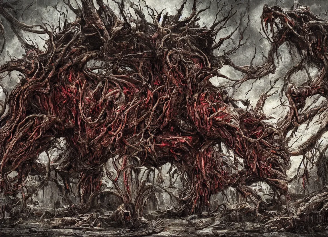Prompt: Giant fanged limb monster walks in the road of the ruined city. Drops of blood and meat with veins on the road. Dark colors, high detail, hyperrealism, horror art, intricate details, masterpiece, biopunk, body-horror