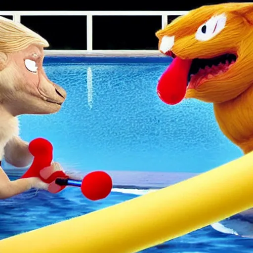 Prompt: donald trump fighting a furry using pool noodles, photo realistic