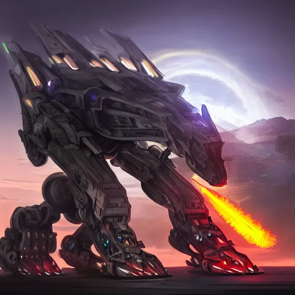 Image similar to hyper realistic, epic, highly detailed cinematic shot of a gigantic feral robot mecha canine, sharp dragon claws, cannon mounted on back, sleek armor, glowing visor, destroying city, digital art, furry art, macro art, dragon art, furaffinity, deviantart, sofurry